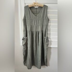 Elegant Olive Green linen Sleeveless Dress